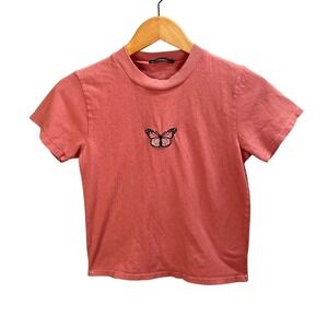 Brandy‎ Melville Pink Butterfly Embroidered Baby Tee Shirt Womens One Size Y2k